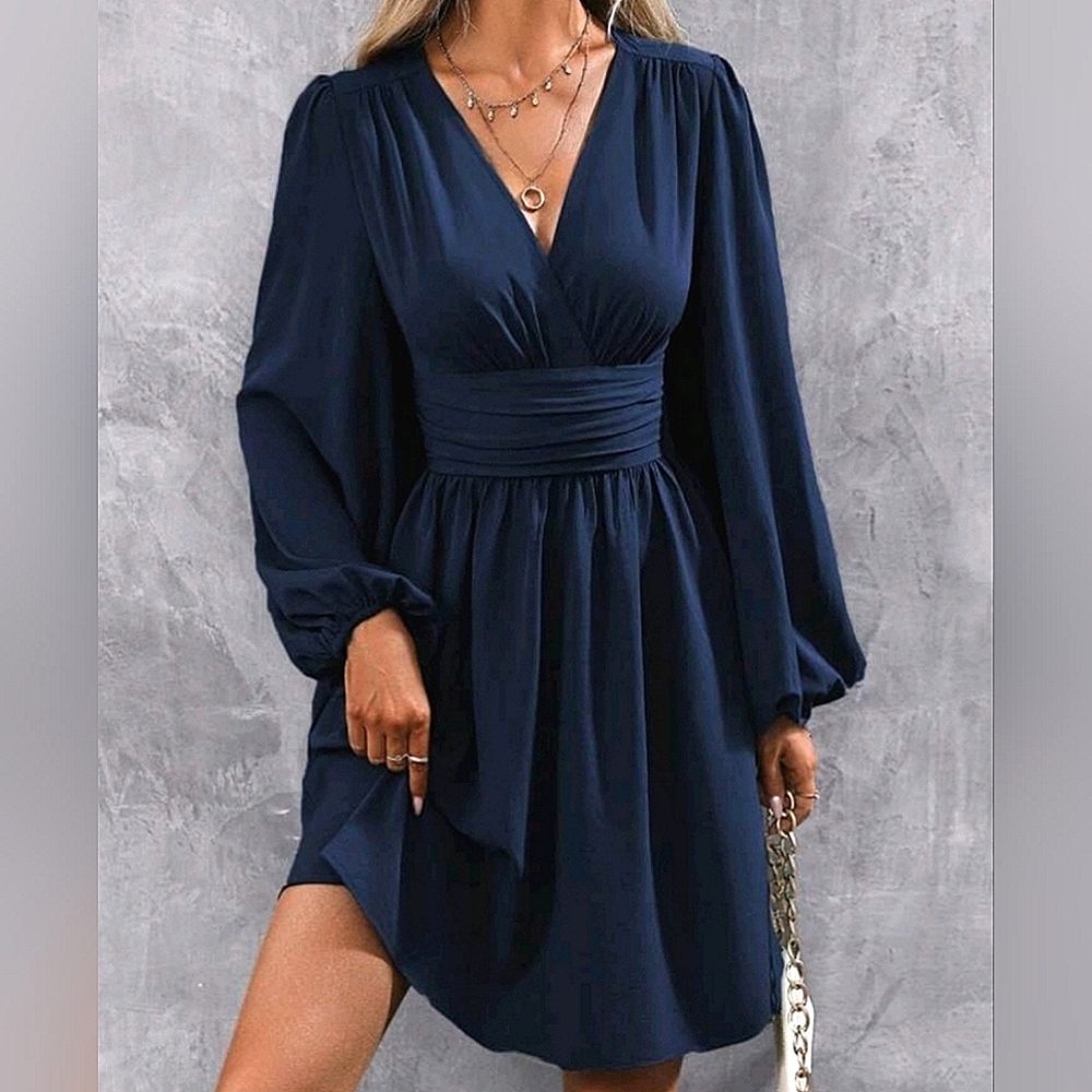 NEW Chic Ruched Waist Short Dress Lantern Long Sleeve Navy Blue - Picture 7 of 9